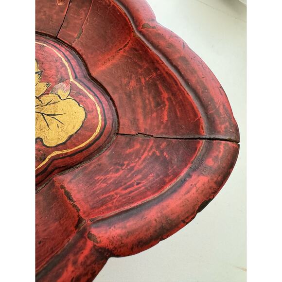 Vintage Hand Created Chinese Carved Wooden Red Gold Bowl - Picture 12 of 12